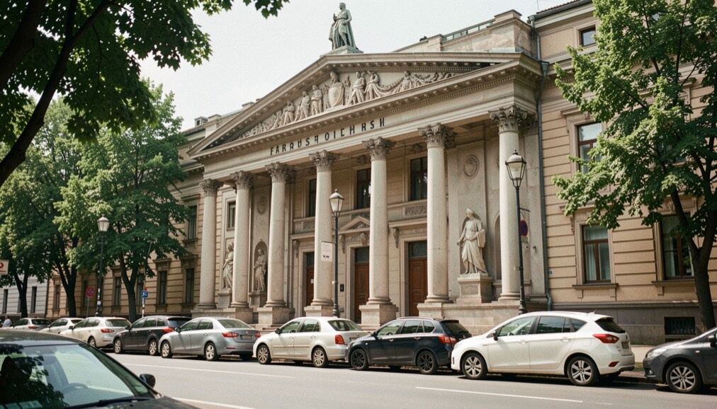 Fachada nocturna de teatro urbano iluminada con tonos cálidos, esculturas y columnas definidas por la luz, calle mojada y personas entrando bajo paraguas.