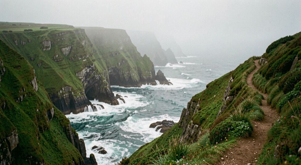 Acantilados verdes junto al mar Cantábrico con olas rompiendo contra las rocas y un sendero estrecho que se pierde entre la niebla baja.