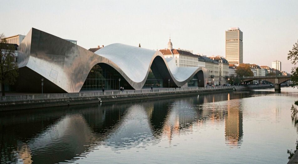Museo contemporáneo de titanio junto al río al amanecer, con curvas metálicas reflejadas en el agua tranquila y una luz suave sobre la ciudad.