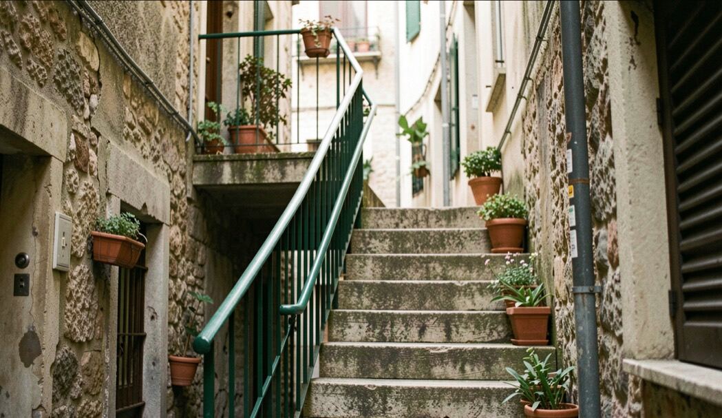 Escalera exterior de piedra con barandilla metálica pintada de verde, entre fachadas antiguas y macetas, en una calle estrecha y sombreada.