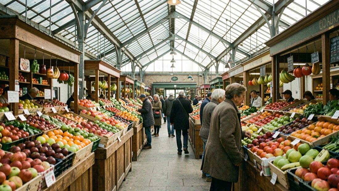 Interior de mercado cubierto con puestos de fruta colorida, mostradores de madera y visitantes moviéndose bajo una cubierta de vidrio luminosa.