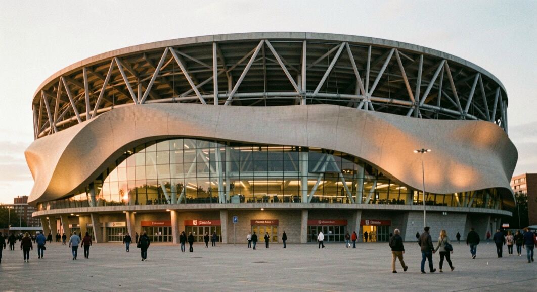 Estadio moderno de fachada ondulada iluminada al atardecer, con estructura metálica visible y personas pequeñas caminando hacia las entradas.