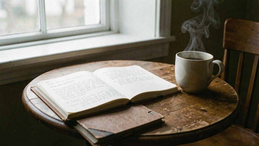 Cuaderno abierto sobre mesa de café con anotaciones manuscritas y una taza humeante, junto a una ventana con luz natural difusa.