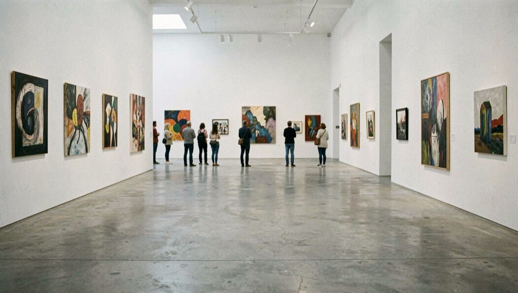 Interior de sala cultural con paredes blancas, suelo de hormigón pulido y visitantes lejanos contemplando obras contemporáneas sin mirar a la cámara.