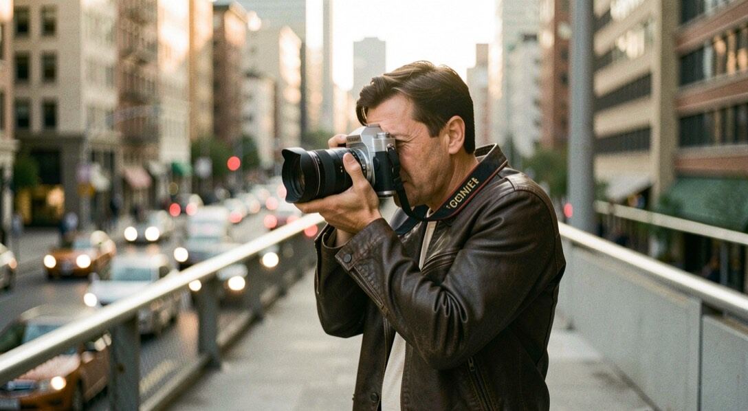 Persona fotografiando desde una pasarela urbana con cámara analógica durante la tarde, con reflejos urbanos desenfocados al fondo.