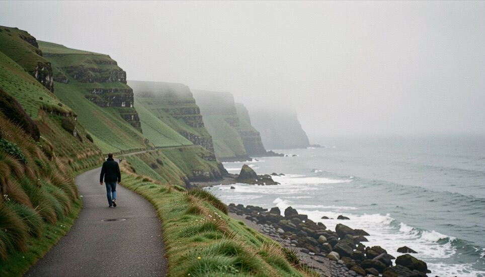 Camino costero junto al mar Cantábrico con acantilados verdes, niebla baja y una persona caminando lejos en dirección al horizonte.